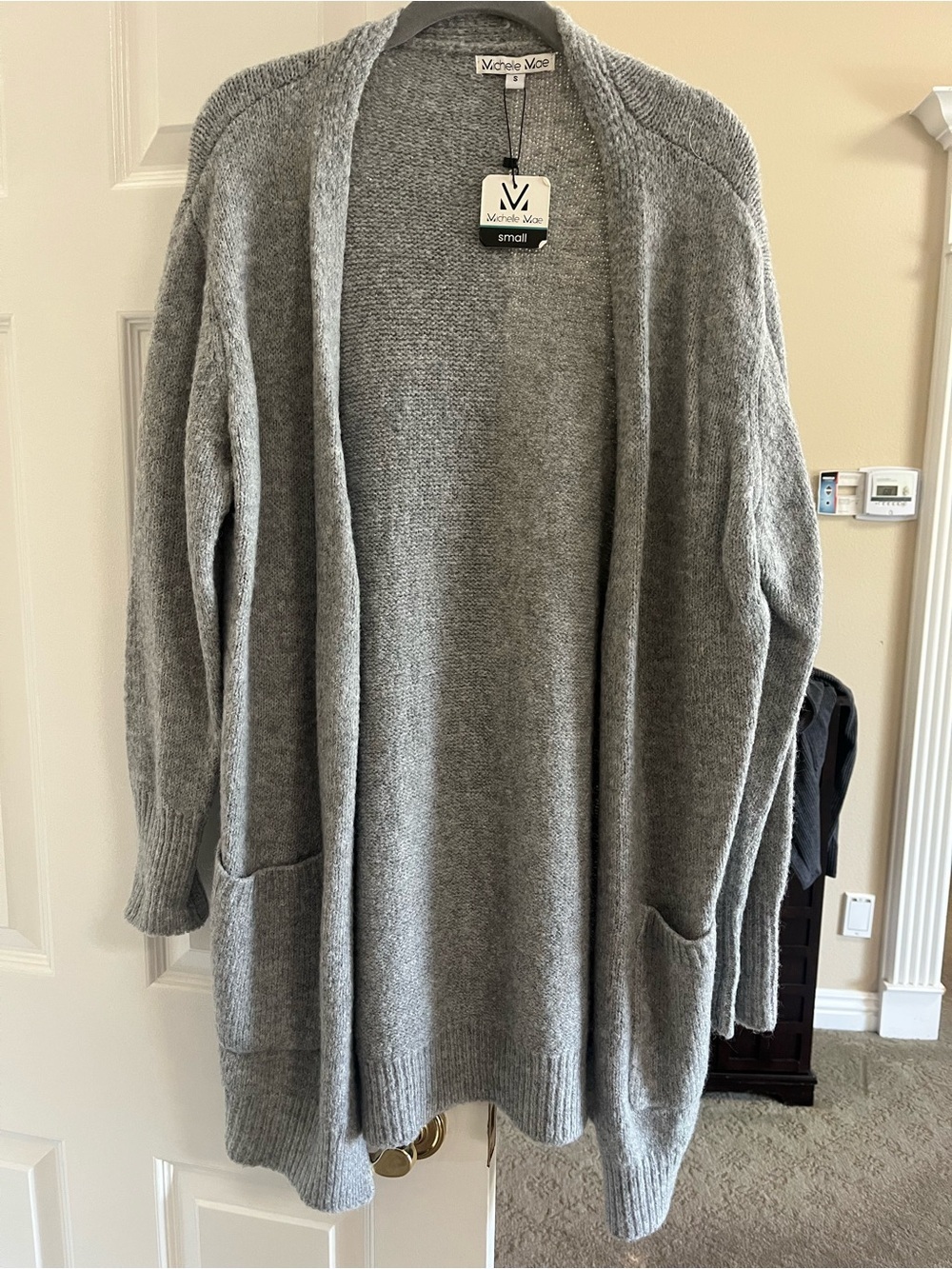 Michelle Mae Light Gray Open-Front Pocket Cardigan Sweater